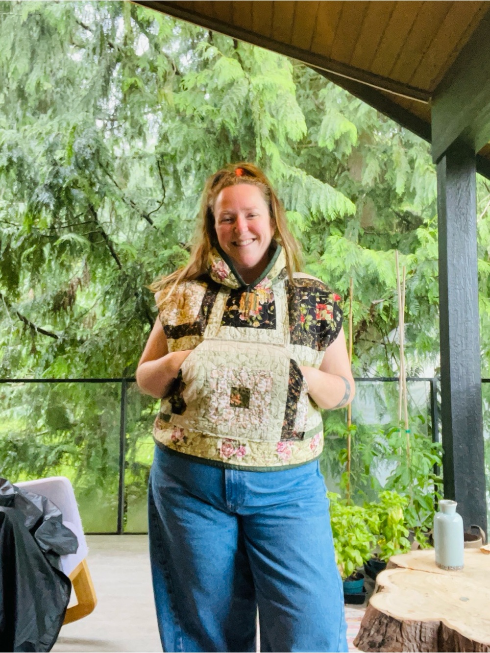 Handmade Quilted Patchwork Hooded Vest - Floral Multicolor